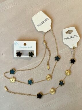 Gold Black Luxury Inspired Flower Necklace & Earring & Bracelet Set
